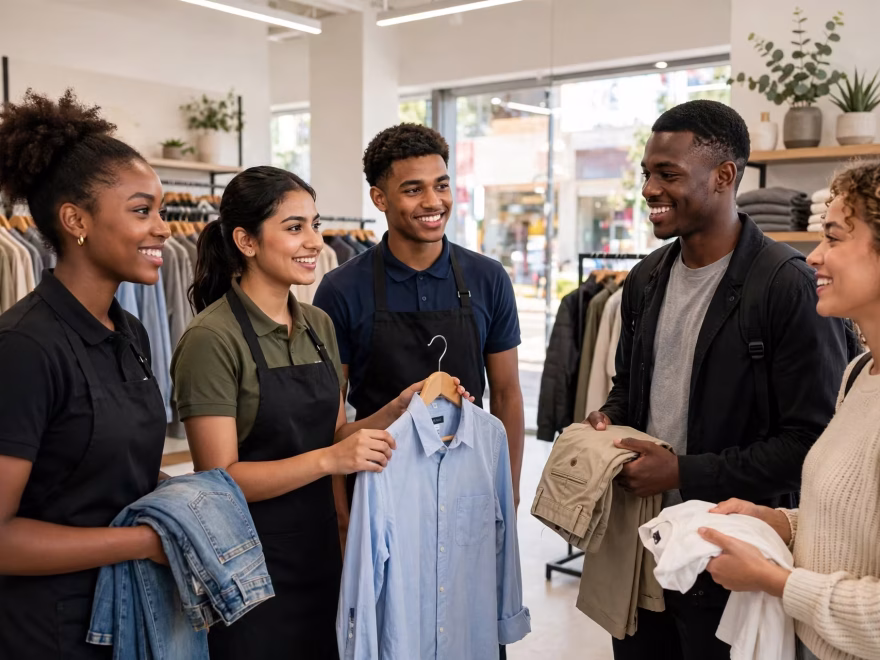 TFG sales assistants helping customers inside TFG clothing store for November 2026 vacancies