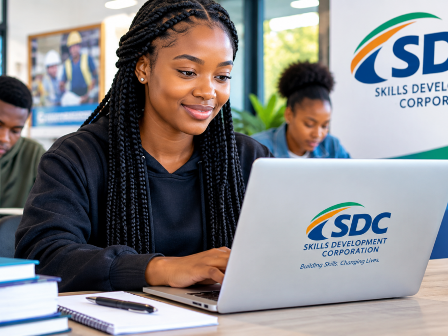 SDC Learnership 2026 training opportunity with a South African learner studying on a laptop