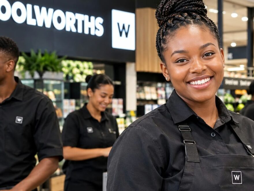 Featured Image Alt Text: Woolworths retail employees assisting customers inside a modern South African supermarket.
