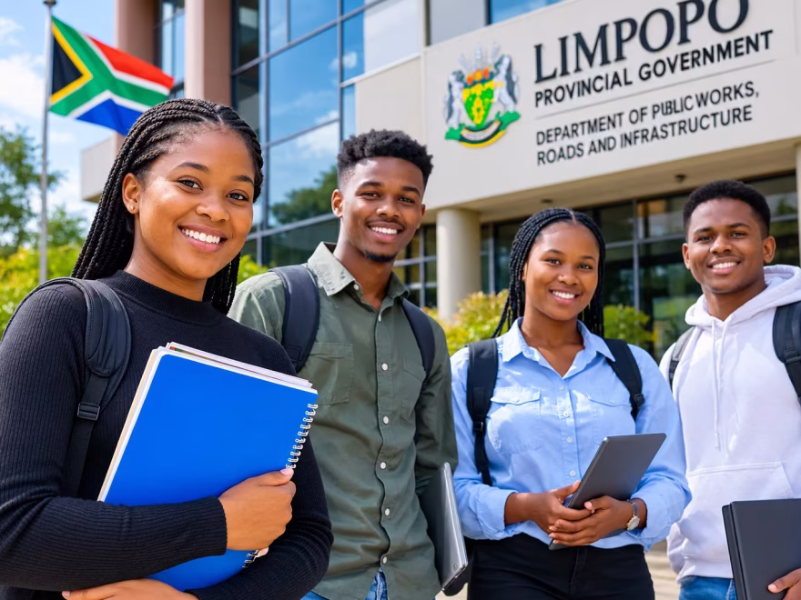Young South African graduates outside a Limpopo government department building.