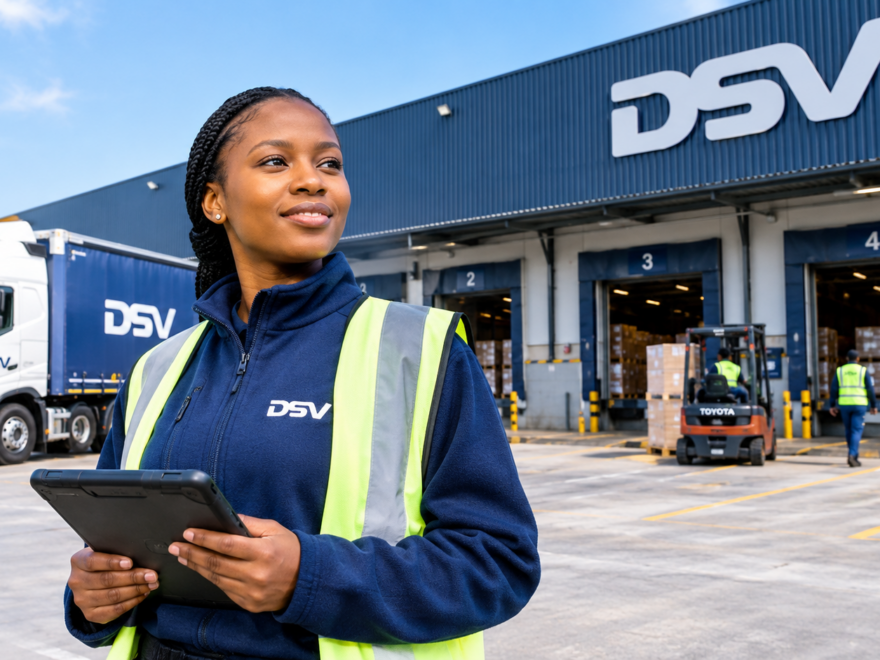 DSV vacancies in South Africa for October 2026 featuring a logistics employee outside a DSV warehouse with delivery trucks.