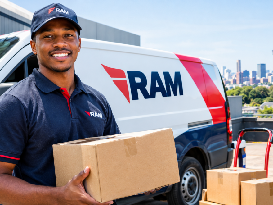 RAM courier delivery vehicle operating in South Africa with parcels ready for delivery